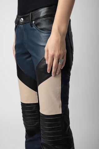 Pantalon Paulin Cuir - Pantalon en cuir d'agneau contrasté noir à détails surpiqués.