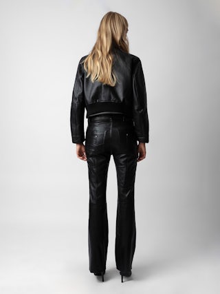 Pantalon Elvir Cuir - Women's leather bootcut pants with multiple pockets.