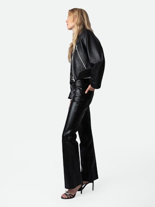 Pantalon Elvir Cuir - Women's leather bootcut pants with multiple pockets.