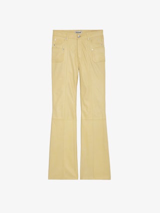Pantalon Elvir Cuir - Pantalon en cuir lisse jaune clair à bas évasé et poches.