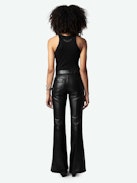 Ecume Leather Pants - Flared pants in smooth black leather with braided detailing on the pockets and belt loops.