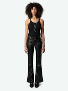 Ecume Leather Pants - Flared pants in smooth black leather with braided detailing on the pockets and belt loops.