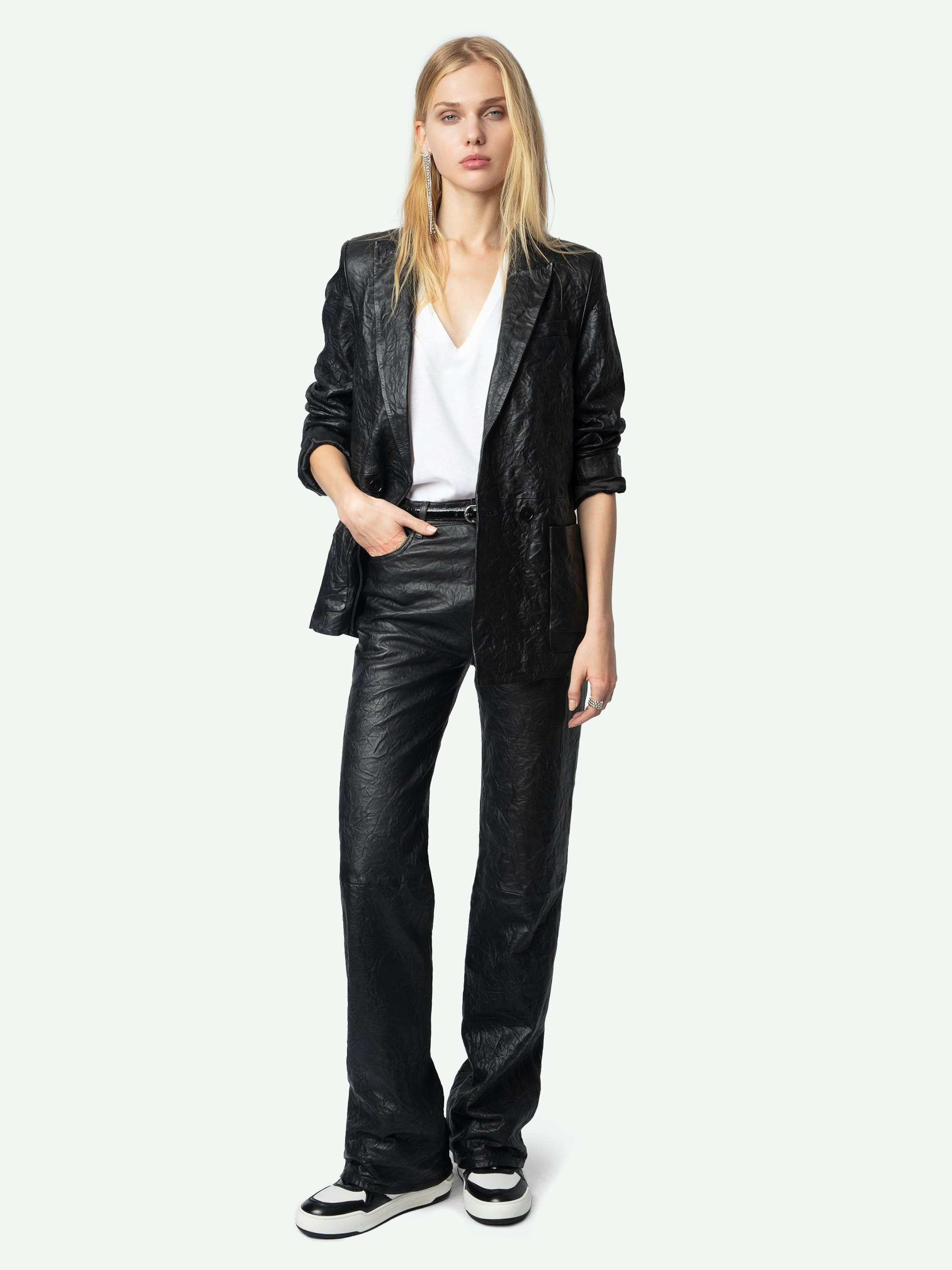 Elio Crinkled Leather Trousers - High-waisted straight-leg trousers with multiple pockets in crinkled leather.