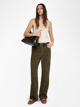 Evy Suede Leather Trousers - Wide-leg suede leather trousers with deep dye effect and multiple pockets.