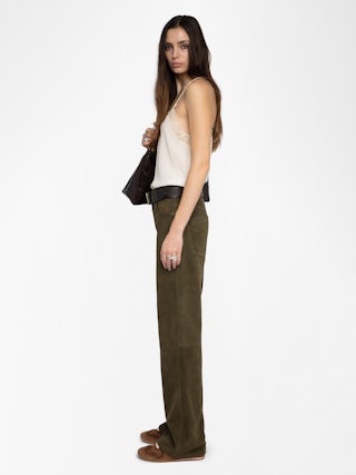 Evy Suede Leather Trousers - Wide-leg suede leather trousers with deep dye effect and multiple pockets.