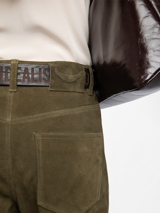 Evy Suede Leather Trousers - Wide-leg suede leather trousers with deep dye effect and multiple pockets.