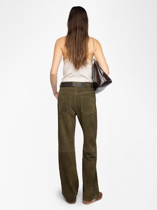 Evy Suede Leather Trousers - Wide-leg suede leather trousers with deep dye effect and multiple pockets.