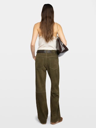 Evy Suede Leather Trousers - Wide-leg suede leather trousers with deep dye effect and multiple pockets.