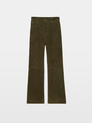 Evy Suede Leather Trousers - Wide-leg suede leather trousers with deep dye effect and multiple pockets.