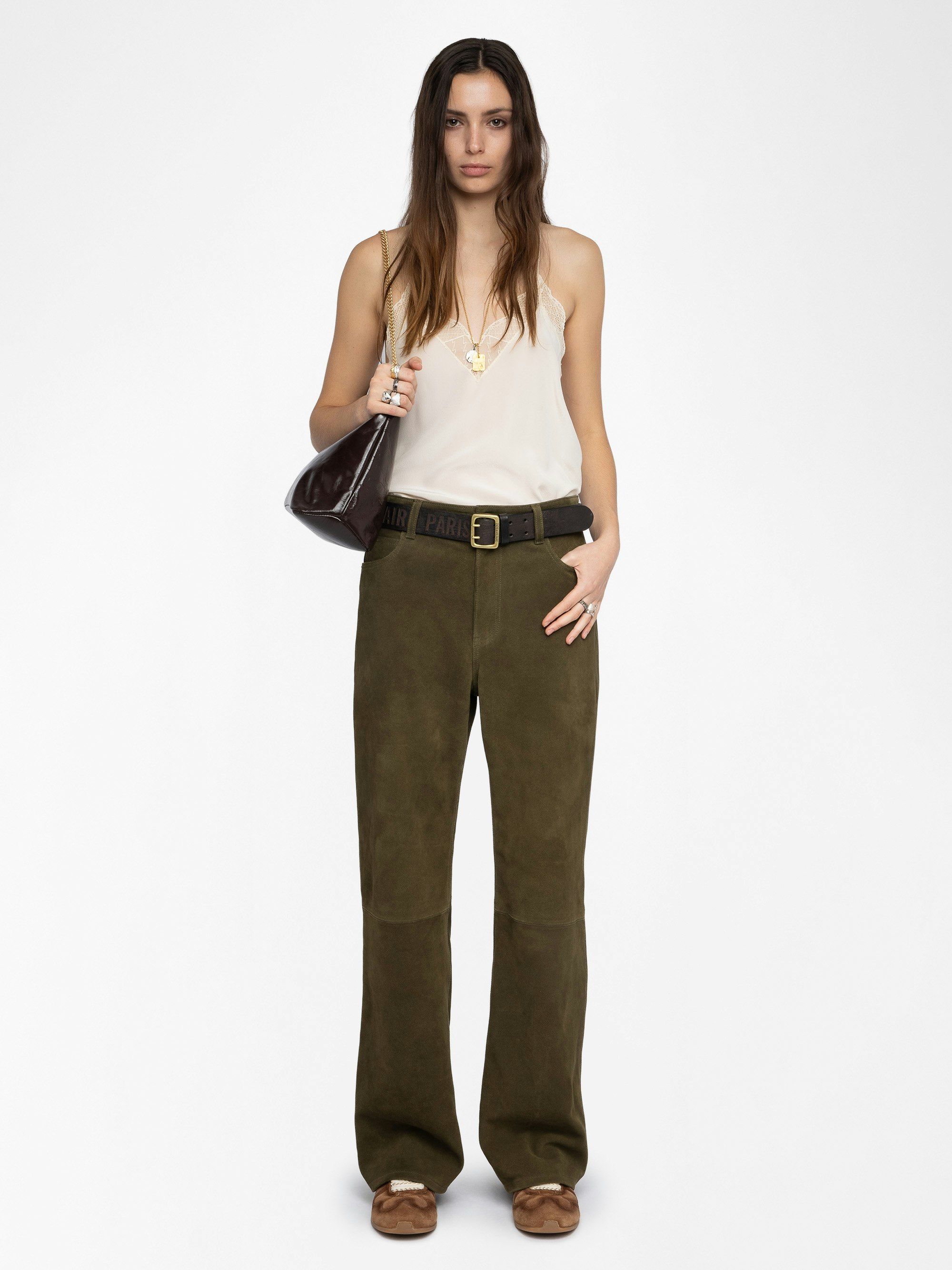 Evy Suede Leather Trousers - Wide-leg suede leather trousers with deep dye effect and multiple pockets.
