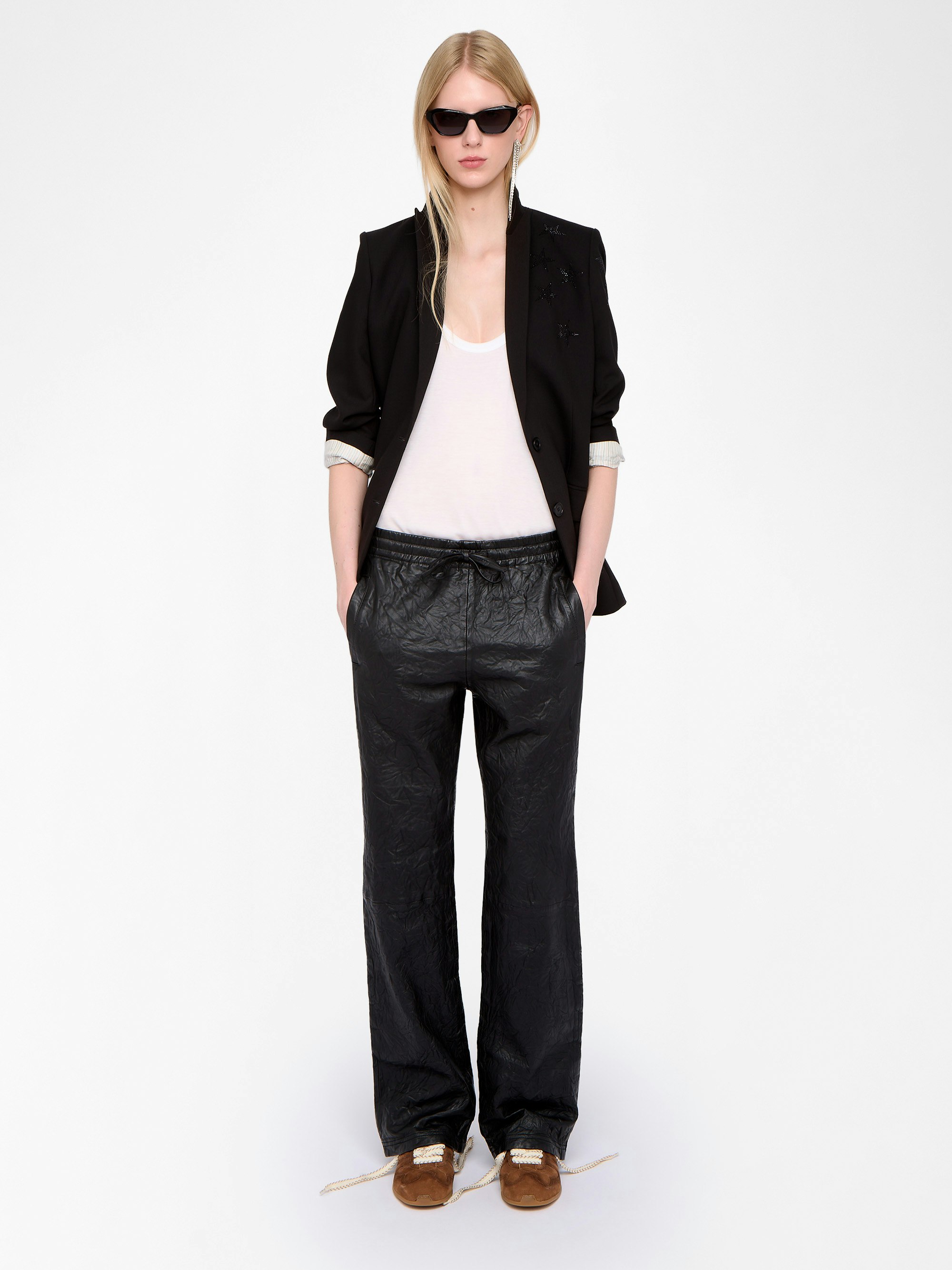 Pocha Crinkled Leather Trousers - Straight trousers in crinkled leather, jogging style, elasticated waist.