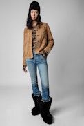 Toi Suede Shirt - Women's cognac suede shirt with long sleeves and button fastening