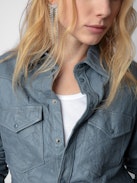 Thelma Crinkled Leather Shirt - Light blue crinkled leather shirt with button closure and pockets.