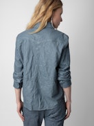 Thelma Crinkled Leather Shirt - Light blue crinkled leather shirt with button closure and pockets.