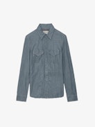 Thelma Crinkled Leather Shirt - Light blue crinkled leather shirt with button closure and pockets.