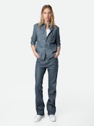 Thelma Crinkled Leather Shirt - Light blue crinkled leather shirt with button closure and pockets.
