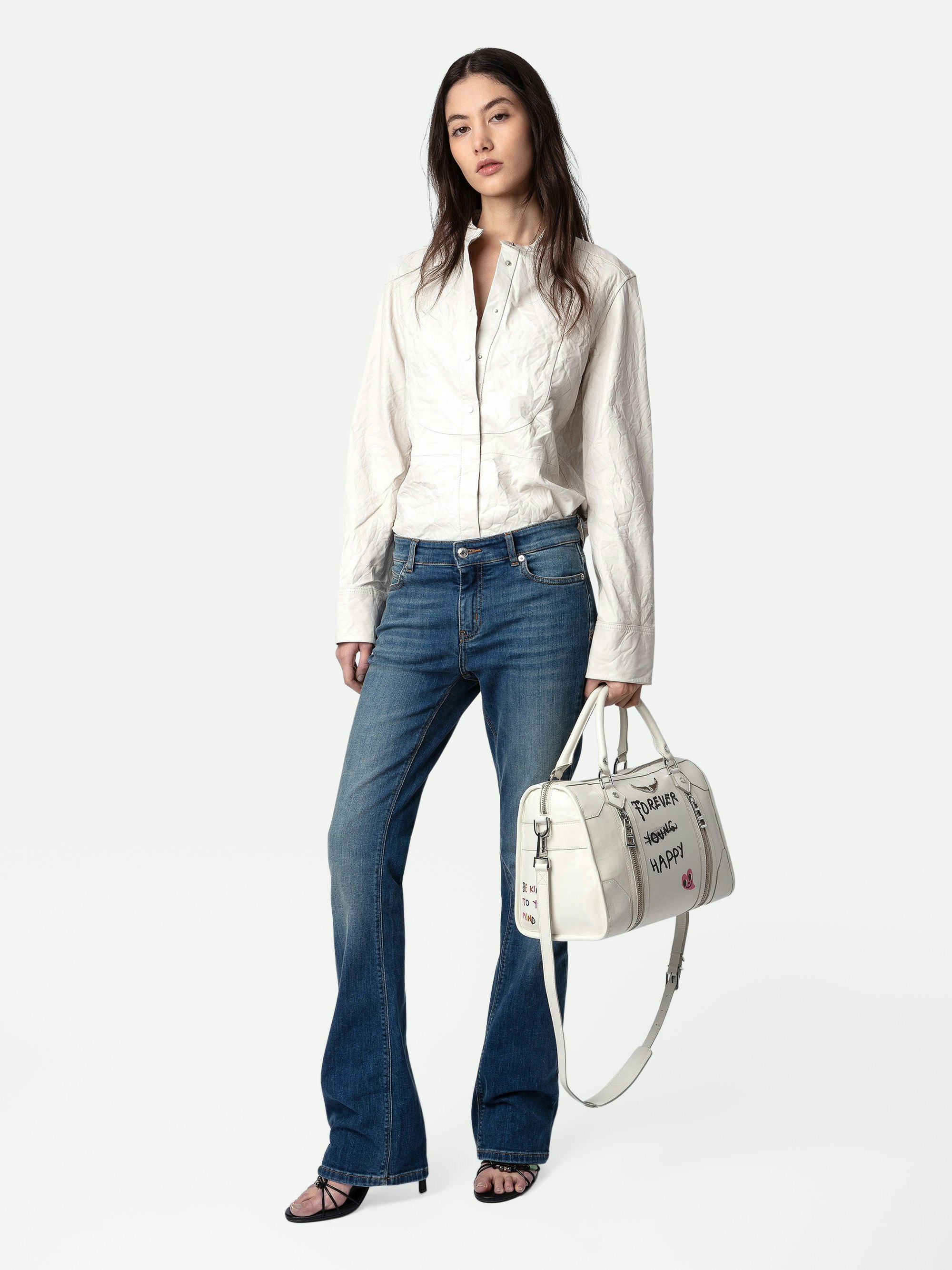 Chic Crinkled Leather Shirt - White crinkled leather shirt with press studs.