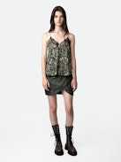 Julipe Crinkled Leather Skirt - Short curved-hem khaki crinkled leather skirt.