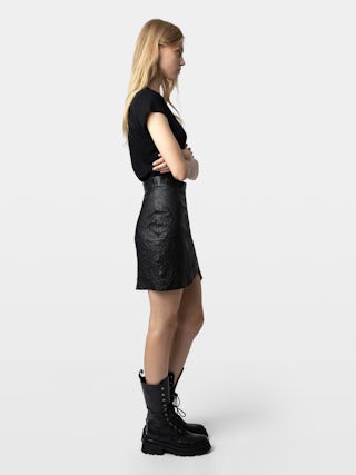 Skirt Julipe Crinkled Leather - Short skirt in crinkled leather with wrap effect.