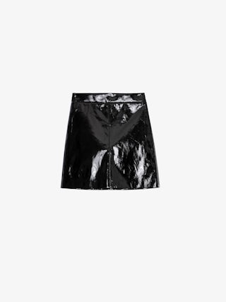 Jupe Jinette Vinyle - Jupe courte en cuir vinyle noir zippée.