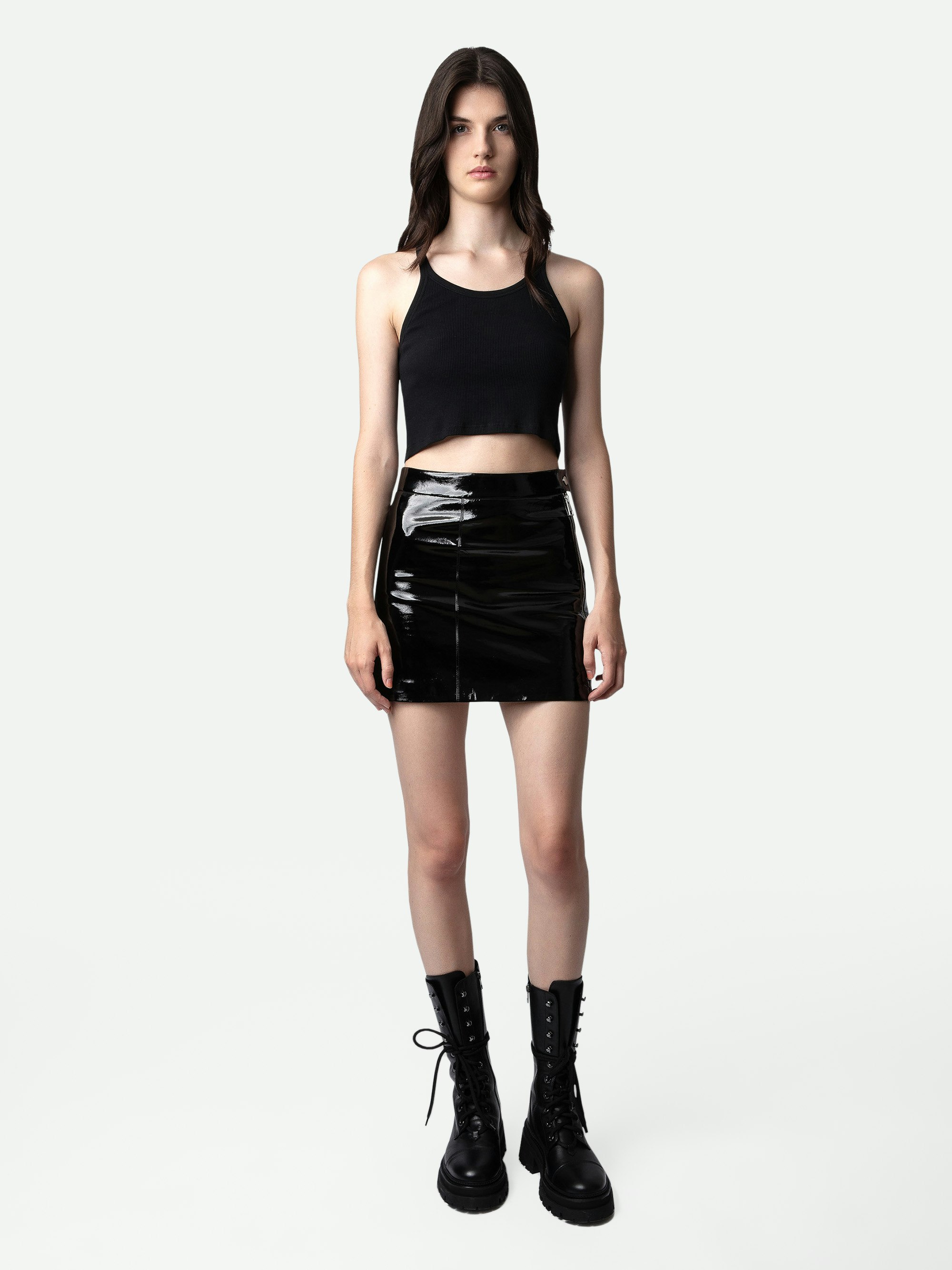 Jinette Vinyl Skirt - Women’s short black vinyl leather skirt with zip.