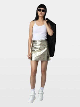 Skirt Jinette 100% Leather - Short metallic leather skirt with side zip.