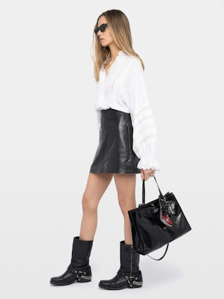 Jupe Jaime 100% Leder - Schwarzer Minirock aus glattem Leder mit Reißverschluss und Taschen.