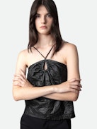 Cidonie Crinkled Leather Top - Women’s black crinkled leather top with drawstring straps.