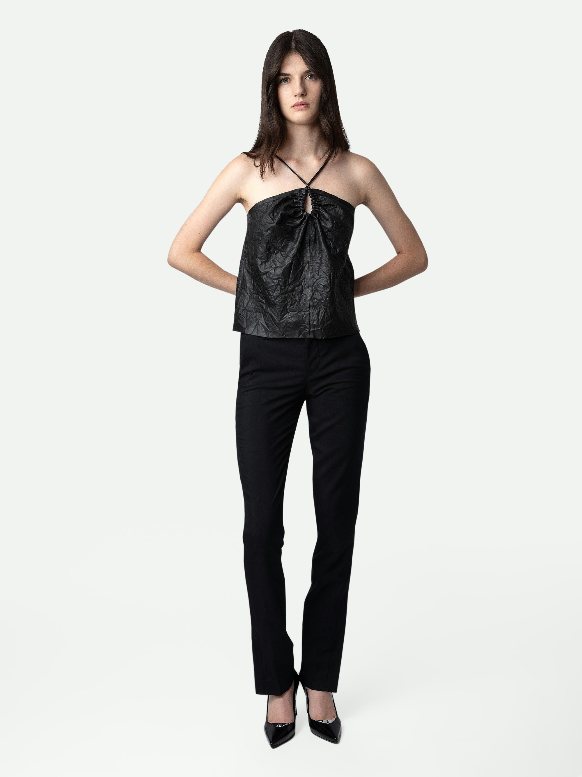 Cidonie Crinkled Leather Top - Women’s black crinkled leather top with drawstring straps.