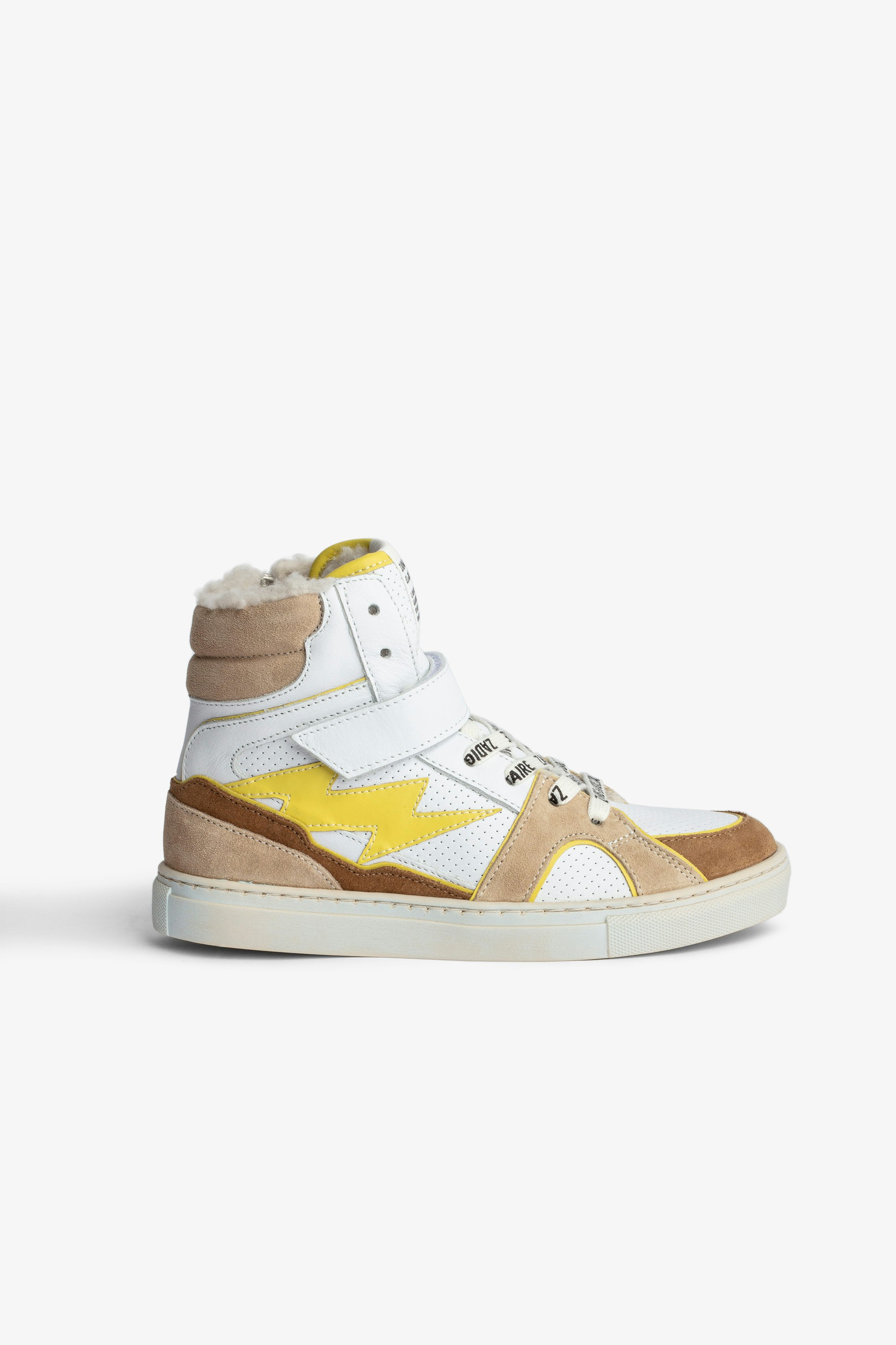 High Flash Children’s スニーカー Children’s white leather high-top sneakers with contrasting lightning flash patch 