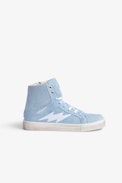 Hohe Kinder-Sneakers ZV1747 High Flash - Kinder-Sneakers mit hohem Schaft aus blauem Baumwoll-Canvas mit Blitz und mehrfarbigen Schnürsenkeln