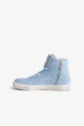 Hohe Kinder-Sneakers ZV1747 High Flash - Kinder-Sneakers mit hohem Schaft aus blauem Baumwoll-Canvas mit Blitz und mehrfarbigen Schnürsenkeln