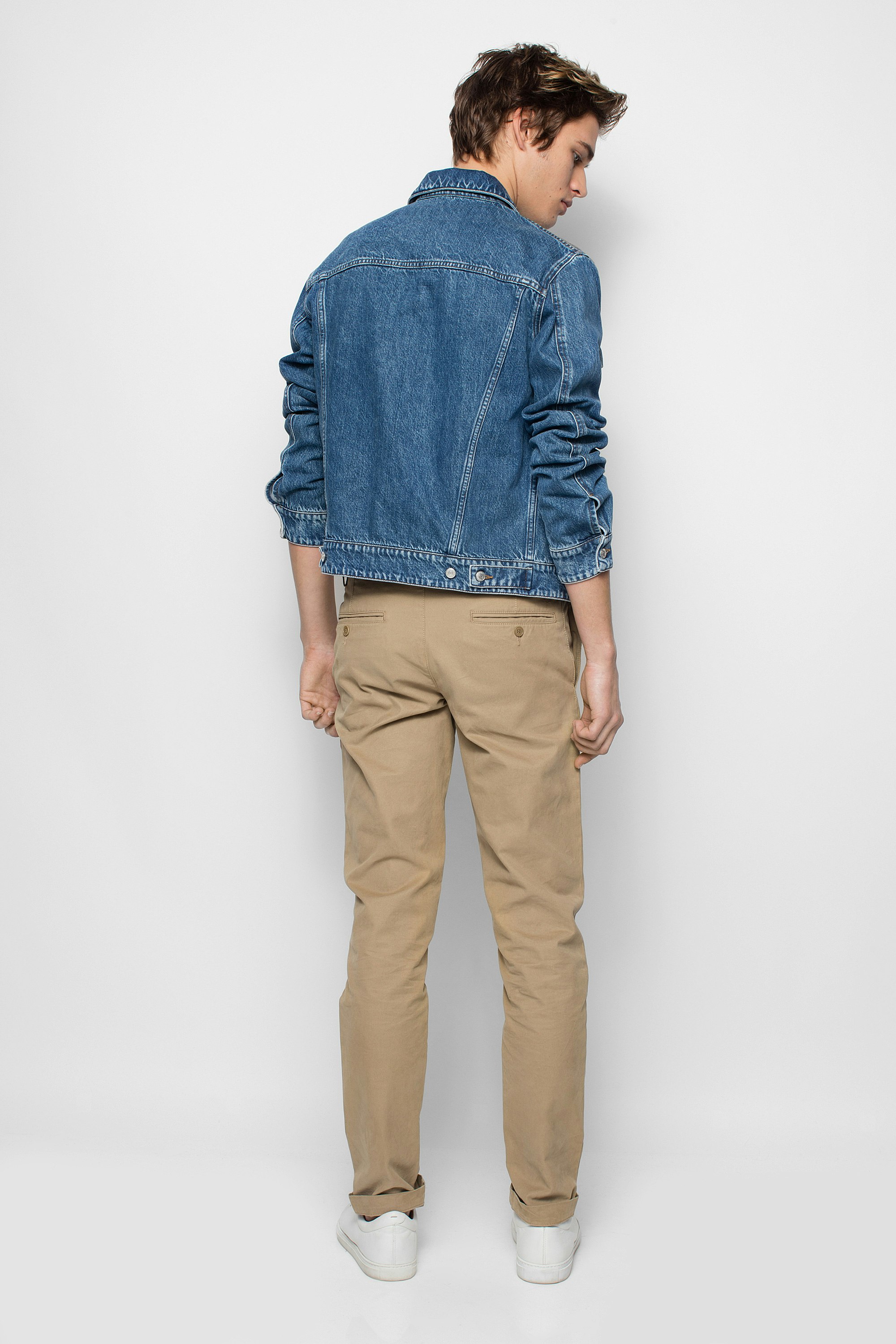 jean jacket and khaki pants