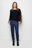 Banko Leather Deluxe Cashmere Sweater - Leather fringe cashmere sweater