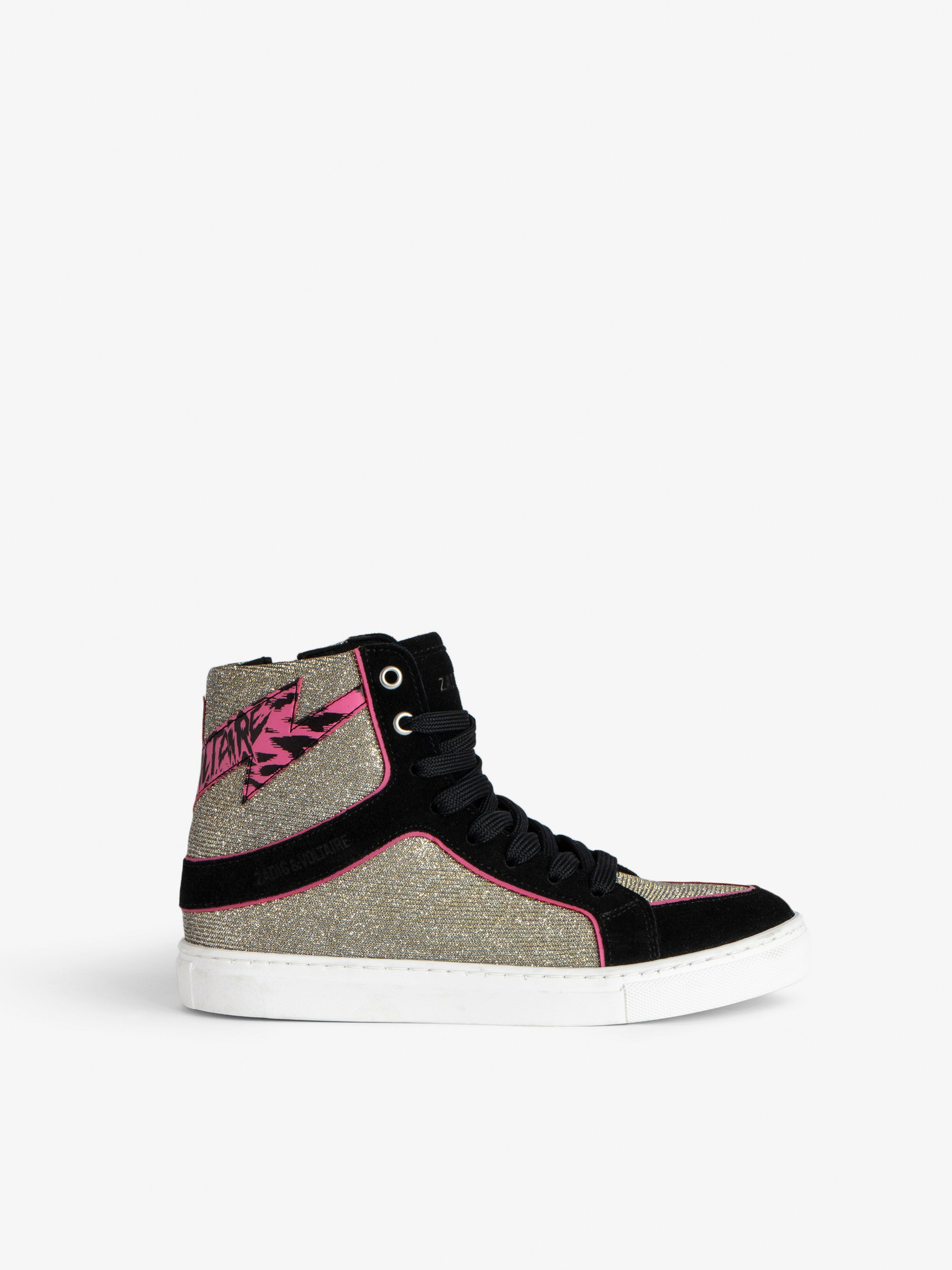 ZV1747 High Flash Girls’ High-Top Trainers - Girls’ black suede and glitter canvas high-top trainers with leopard-print lightning bolt..