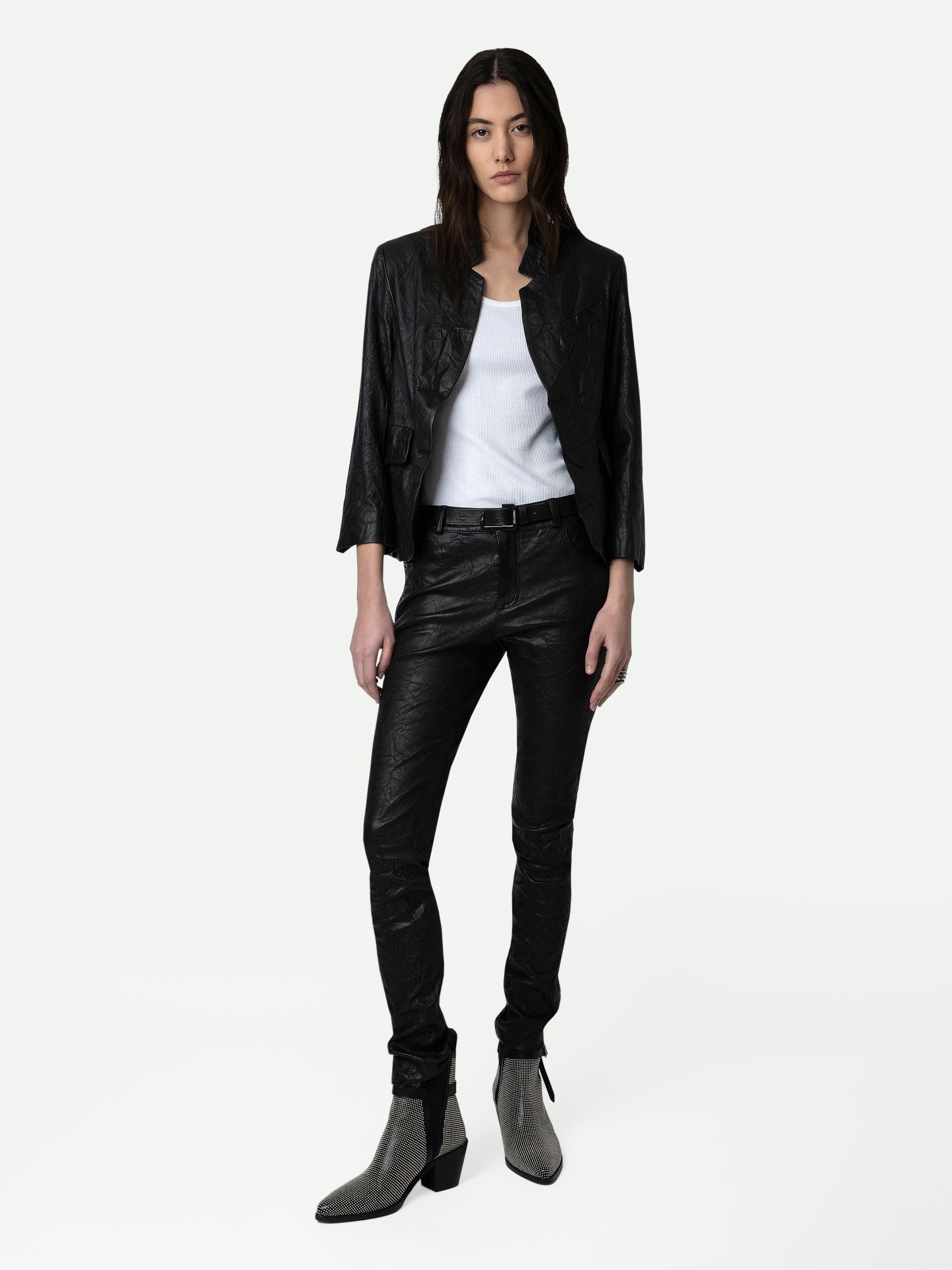 Verys Crinkled Leather Blazer - Women’s black leather jacket.