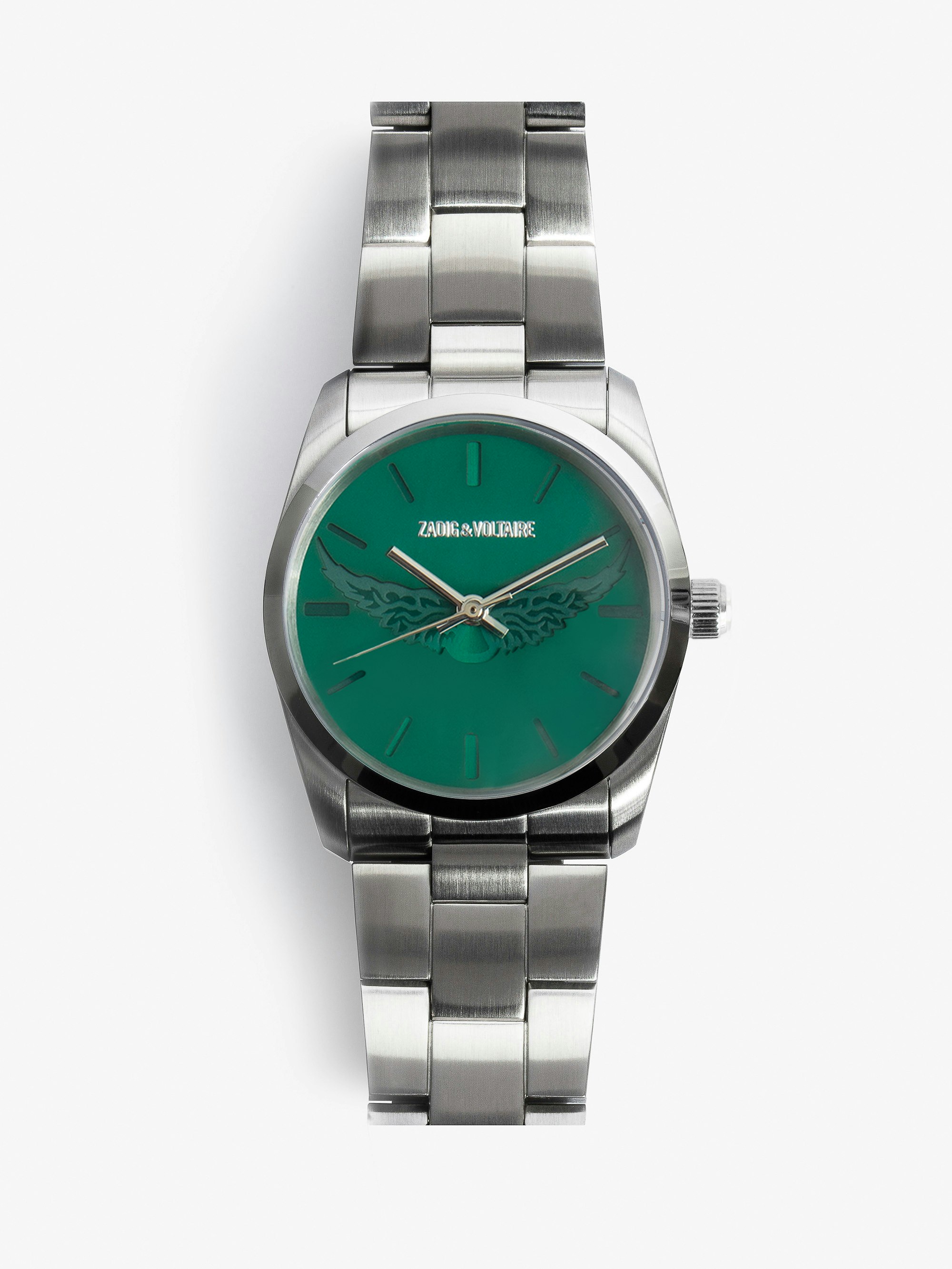 Montre Zadig Wings - Montre en acier inoxydable à cadran vert motifs ailes.