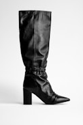 Glimmer Boots - Black lambskin leather boots with black heels