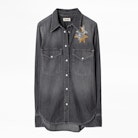 Chemise Thelma Denim - Chemise grise femme, à strass.