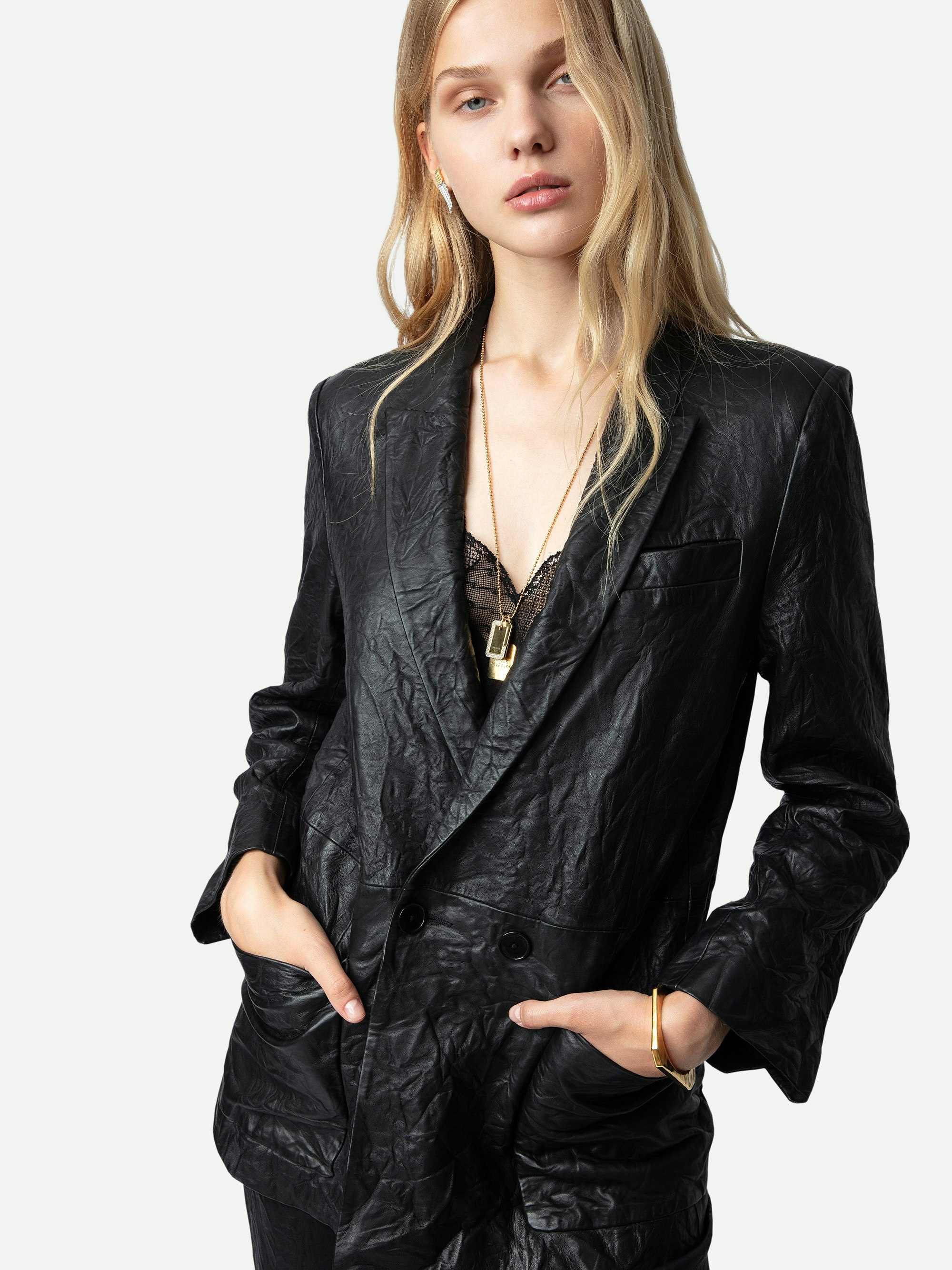 Visco Crinkled Leather Jacket - Women's black crinkled-effect leather jacket.