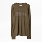 Liam Voltaire Sweater - Men’s khaki studded slogan sweater.