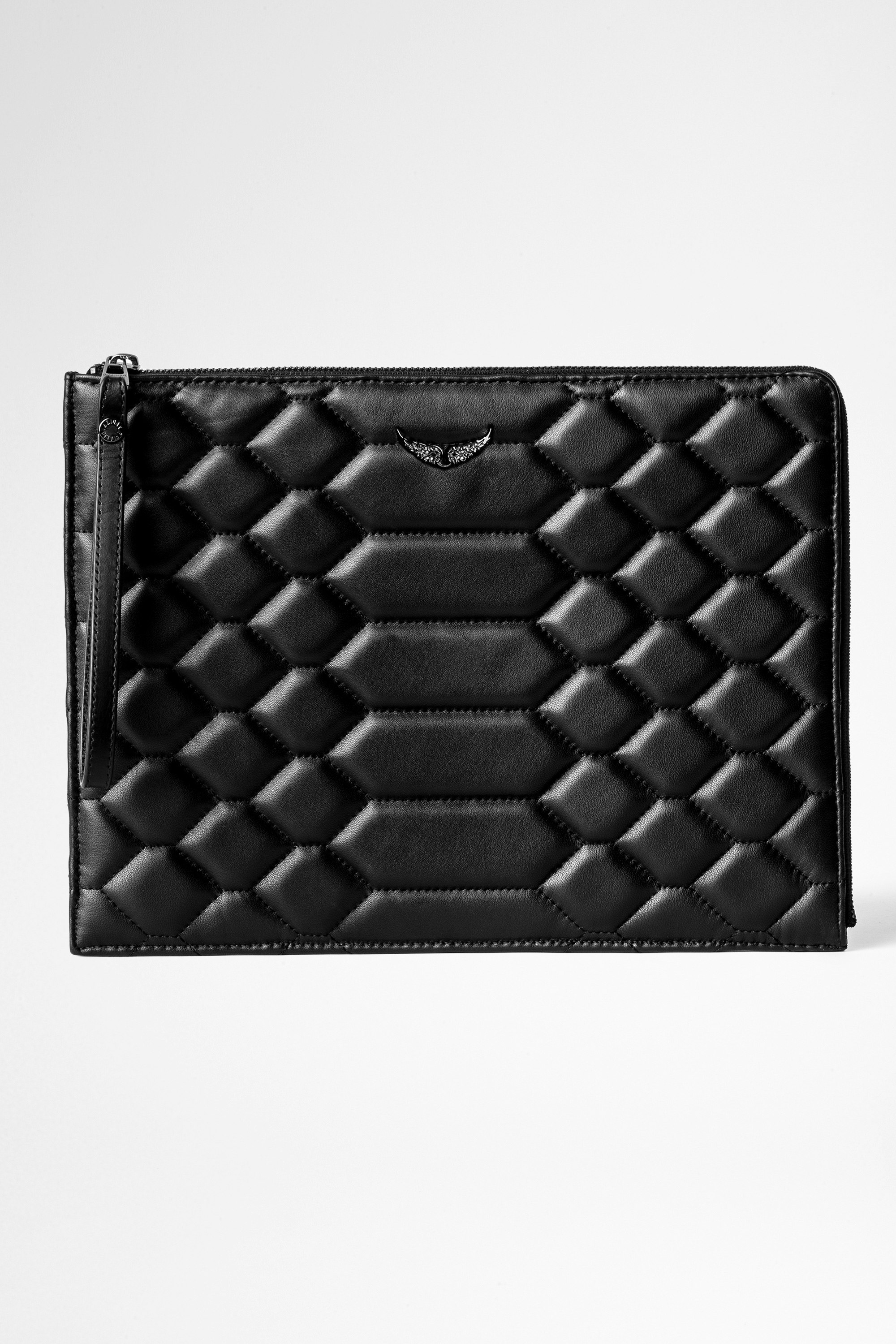 Pochette Maxi Uma XL Mat Scale Grande pochette zippée femme cuir noir