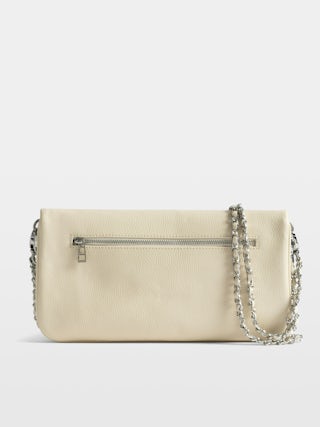 Rock Clutch - Clutch in grained leather with double leather and metal chains and wings adorned with rhinestones.