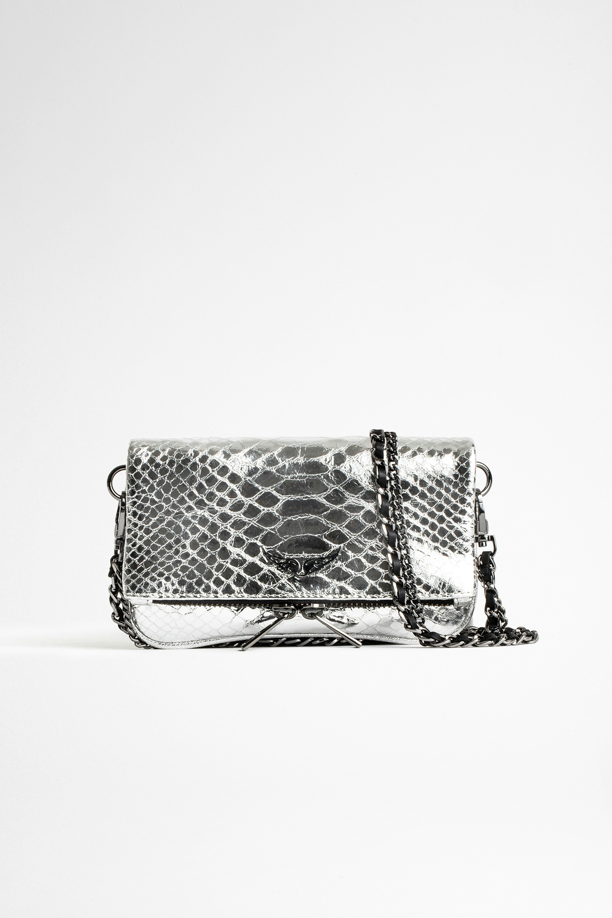 Rock Nano Metallic Savage Clutch Women's silver snakeskin-effect leather mini clutch