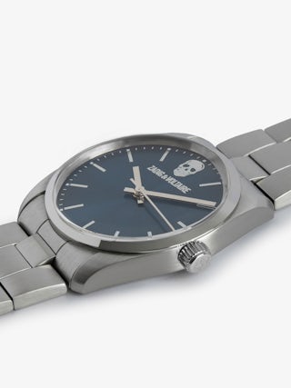 Zadig Blue Dial Watch - Stainless steel watch with navy blue skull pattern dial.