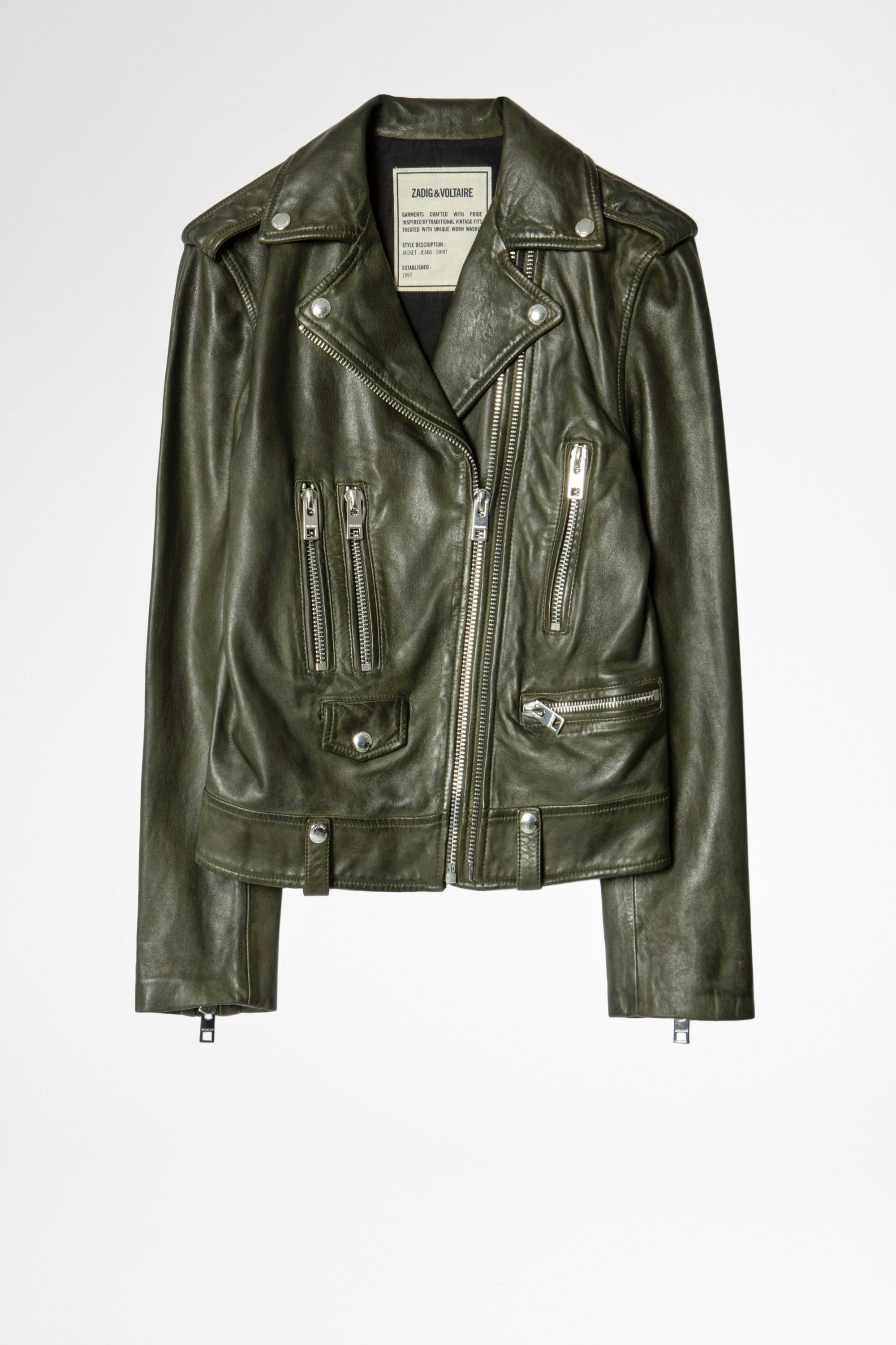 Leather Jacket Lenni Women’s khaki lambskin biker jacket.