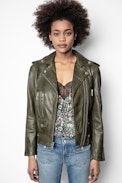 Leather Jacket Lenni - Women’s khaki lambskin biker jacket.