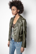 Leather Jacket Lenni - Women’s khaki lambskin biker jacket.