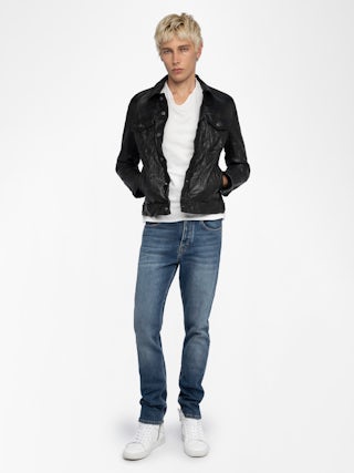 Base Crinkled Leather Jacket - Crumpled leather jacket with long sleeves and button closure.