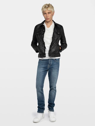 Base Crinkled Leather Jacket - Crumpled leather jacket with long sleeves and button closure.